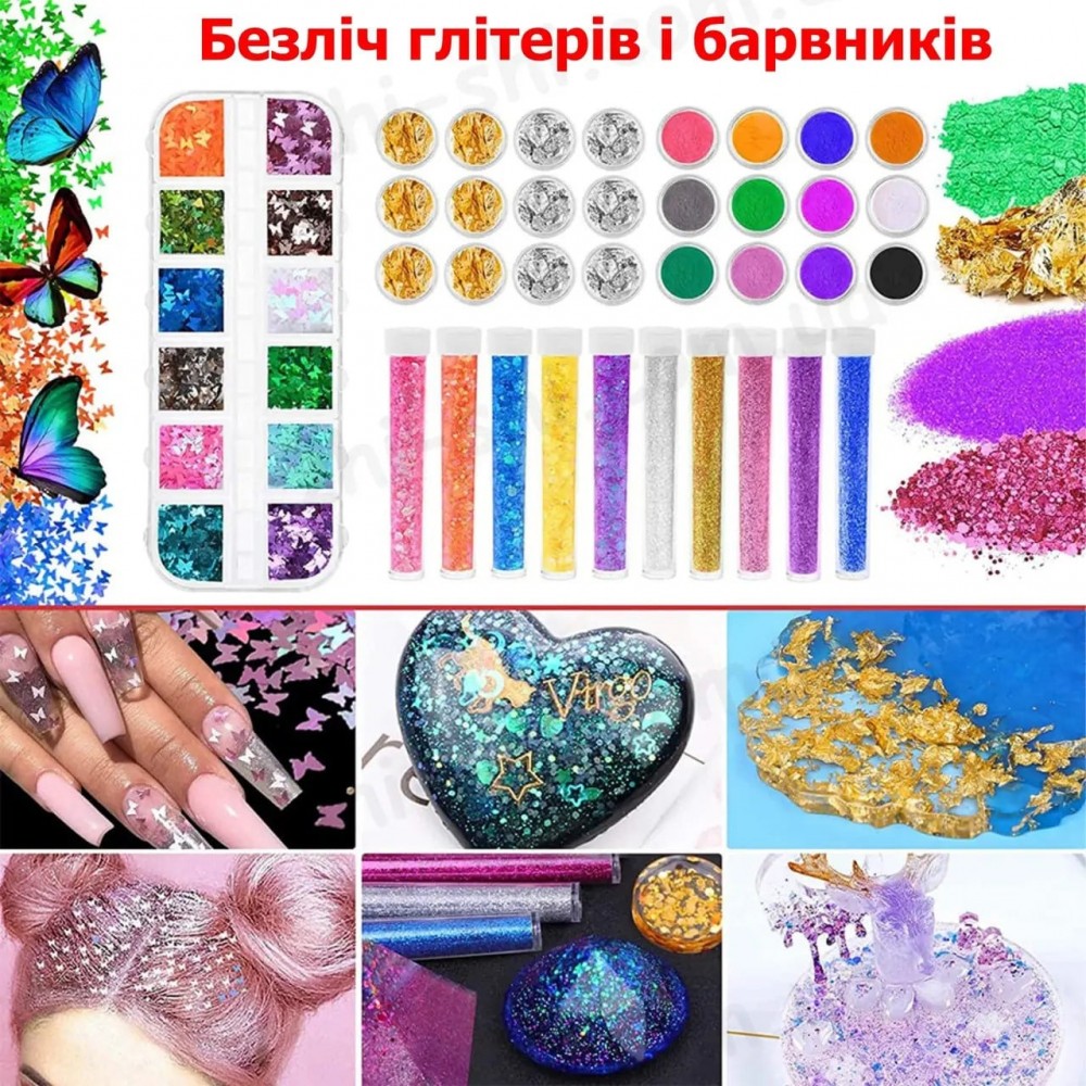 Великий набір аксесуарів, наповнювачів, інструментів для створення прикрас з епоксидної смоли