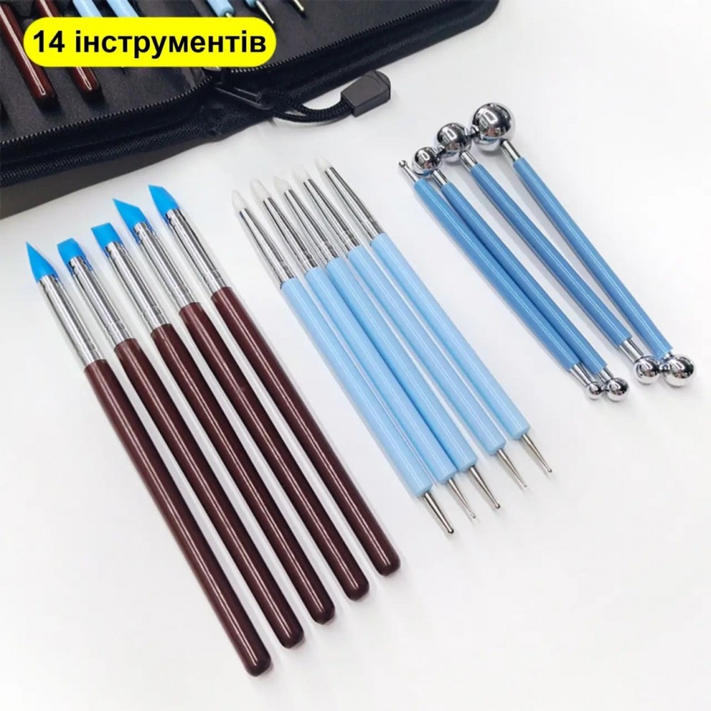 Набір інструментів - 14 шт - для ліплення та скульптури - стеки, силіконові пензлі, дотси