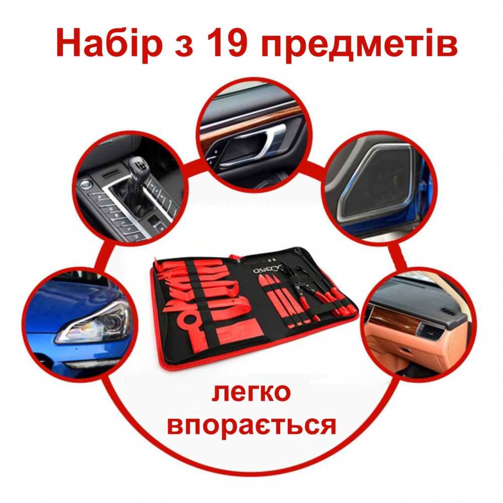 Набір інструментів для зняття обшивки та розбирання салону автомобіля 19 предметів - RED