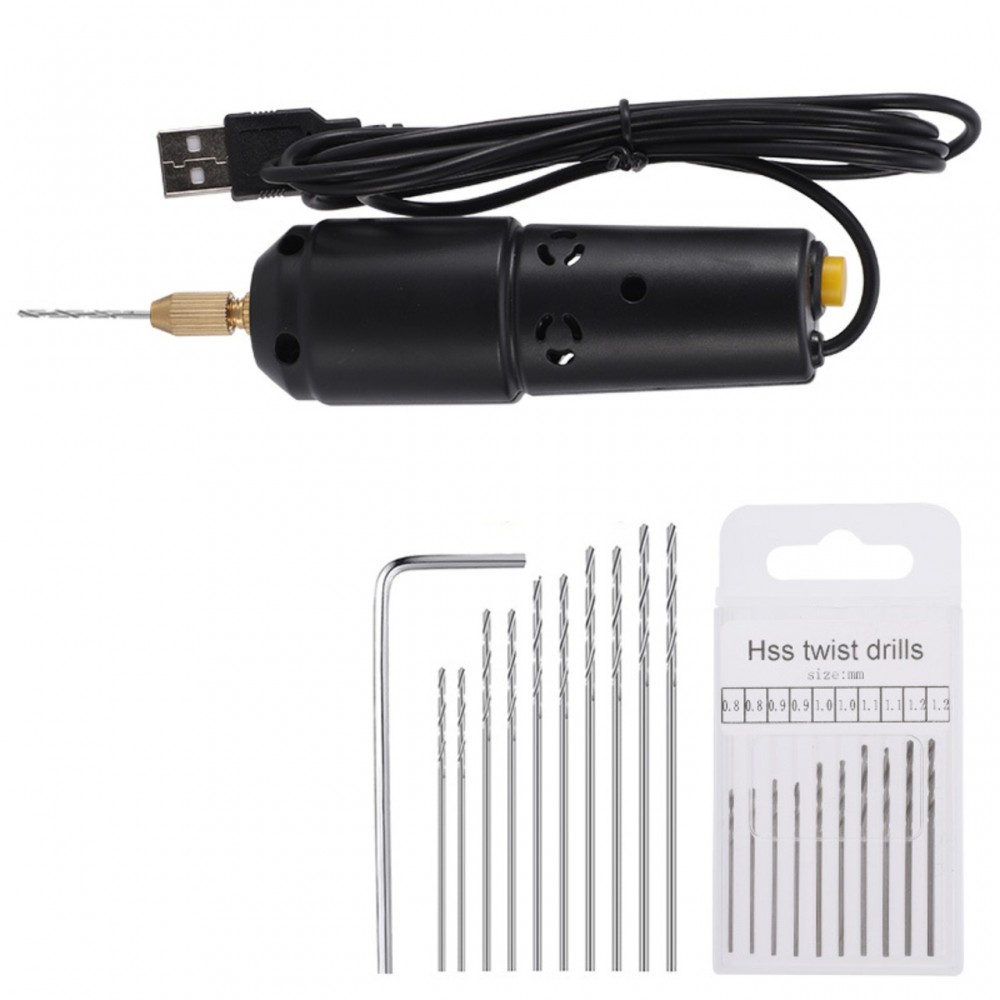 Ювелирная USB-дрель - 5V - мини дрель для плат, украшений - 10 свёрл и ключ