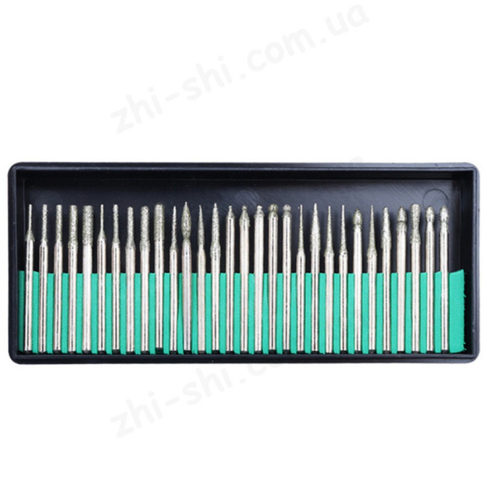 Набір алмазних насадок - 30 шт (фрези, шарошки) для Dremel / гравера - Ø2.35 mm - у коробці - P120