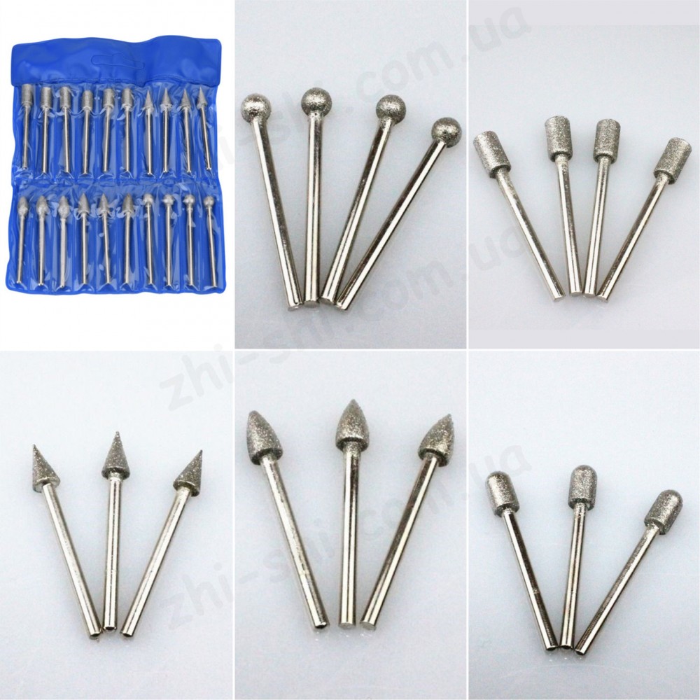Набір алмазних насадок - 20 шт (фрези, шарошки) для Dremel / гравера - Ø3.17 mm - 120 Grit