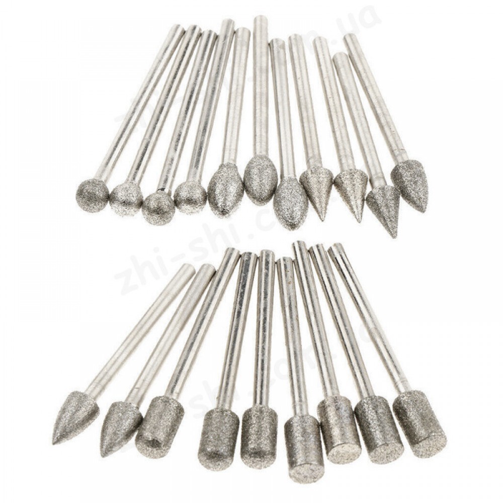 Набор алмазных насадок - 20 шт (фрезы, шарошки) для Dremel / гравера - Ø3.17 mm - 120 Grit
