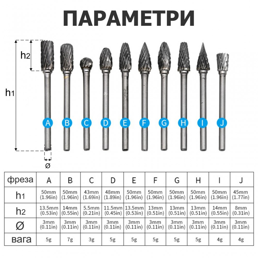 Набір карбід вольфрамових борфрез - 10 шт - для граверів, бормашин, Dremel