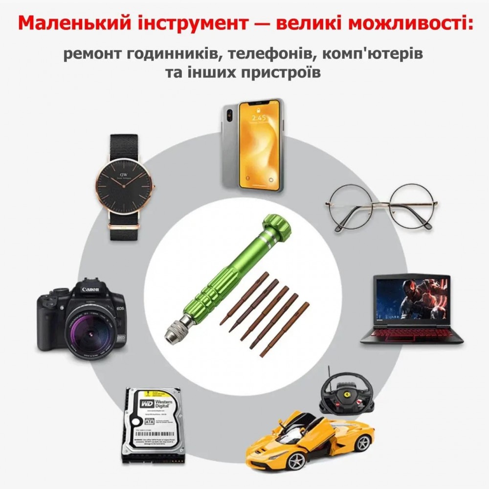Прецизионная цанговая отвёртка | 5 намагниченных сменных жал | green